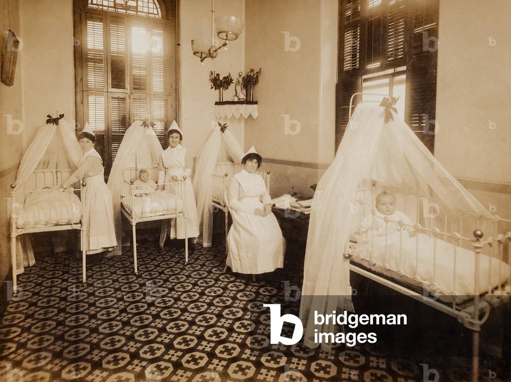 Nurses Pose with Infants in Nursery Ward, NYC, New York City, NY, c.1895 (silver gelatin print)