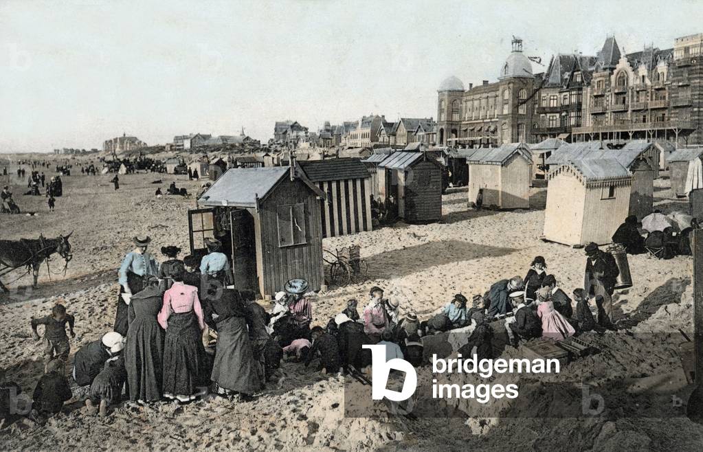 Berck, France: the beach with the cabins, postcard, c. 1900