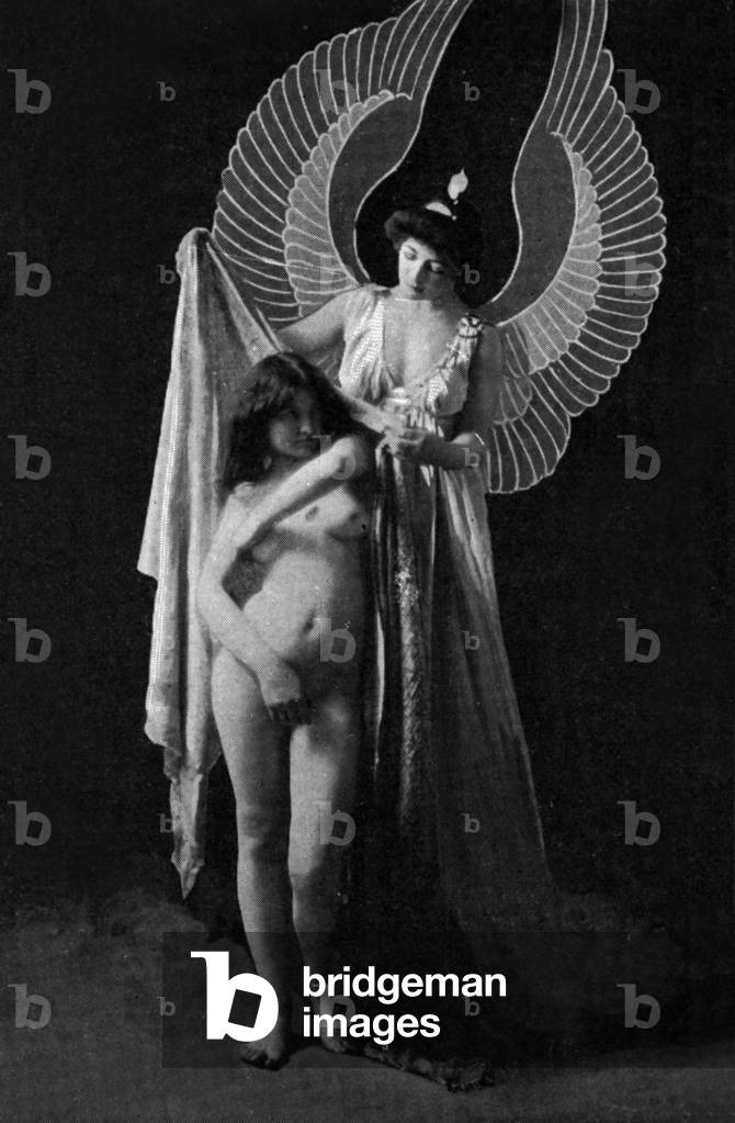 Science revealing nature (a winged woman taking off clothes of another woman) postcard used as lottery ticket by pyshcologist intitute of Paris c. 1905