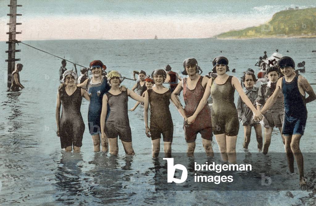 a group of bathers at the beach, postcard, c. 1920