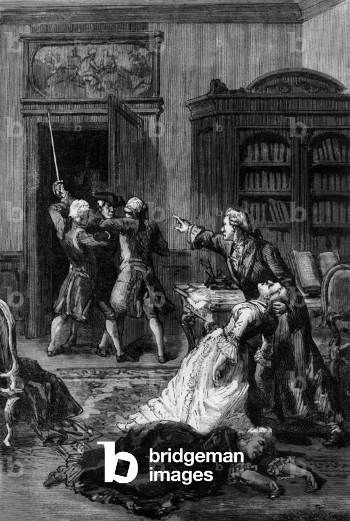 The father of Miss Paradis wants to abduct his daughter who is treated by magnetic healer Franz Anton Mesmer in Vienna, engraving