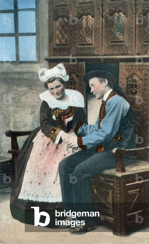 In Brittany, France, first tete-a-tete between two lovers, postcard, c. 1900 - 1910