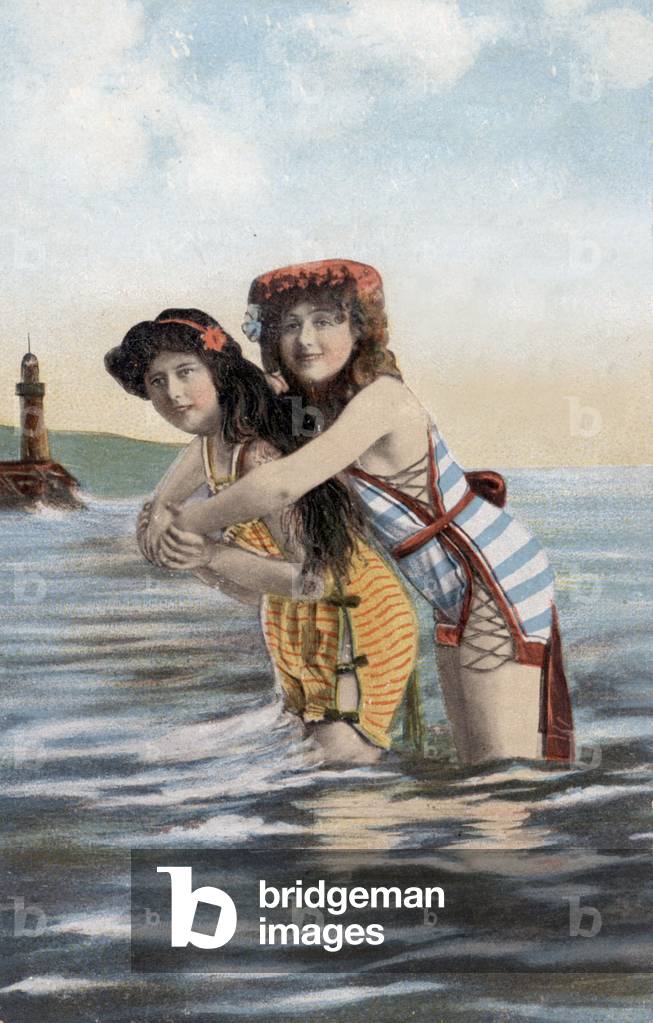 Two young women playing in water, postcard, c. 1909