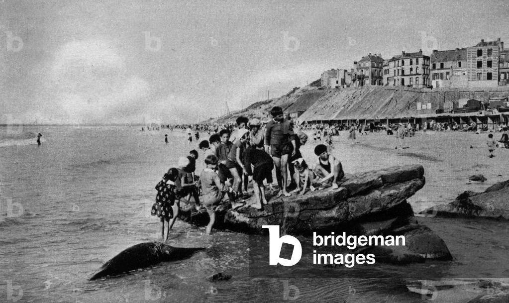 Le Portel (France): children ont he rocks on the beach, postcard