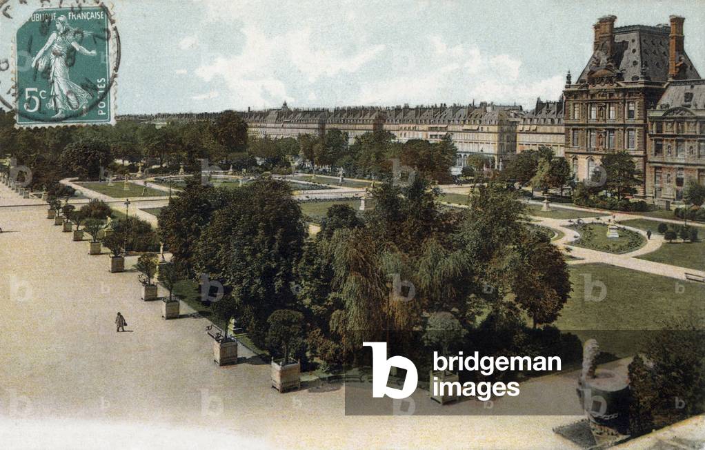 Paris: Tuileries gardens and the marsan pavilion, postcard, 1915