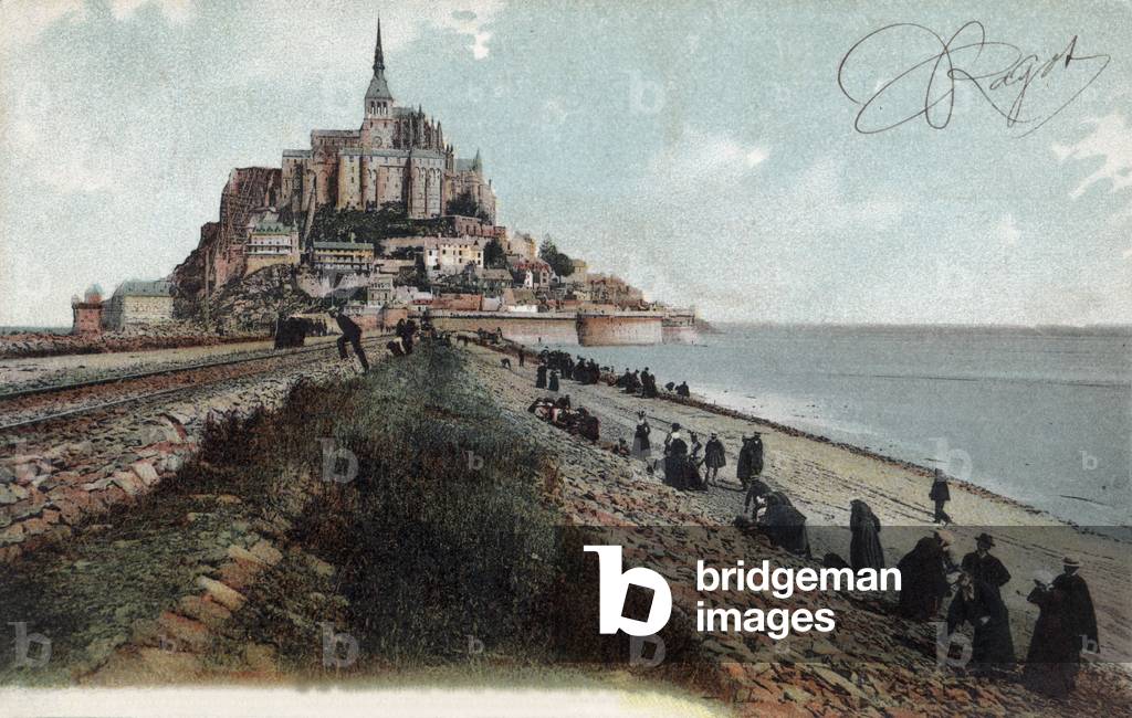 View of Mont-Saint-Michel (Normandy, France) with abbey, postcard, c. 1905