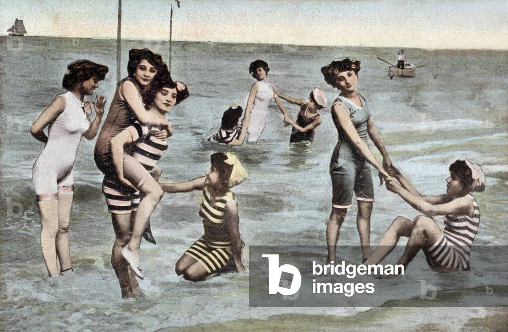 Women bathing in the sea, postcard, c. 1910