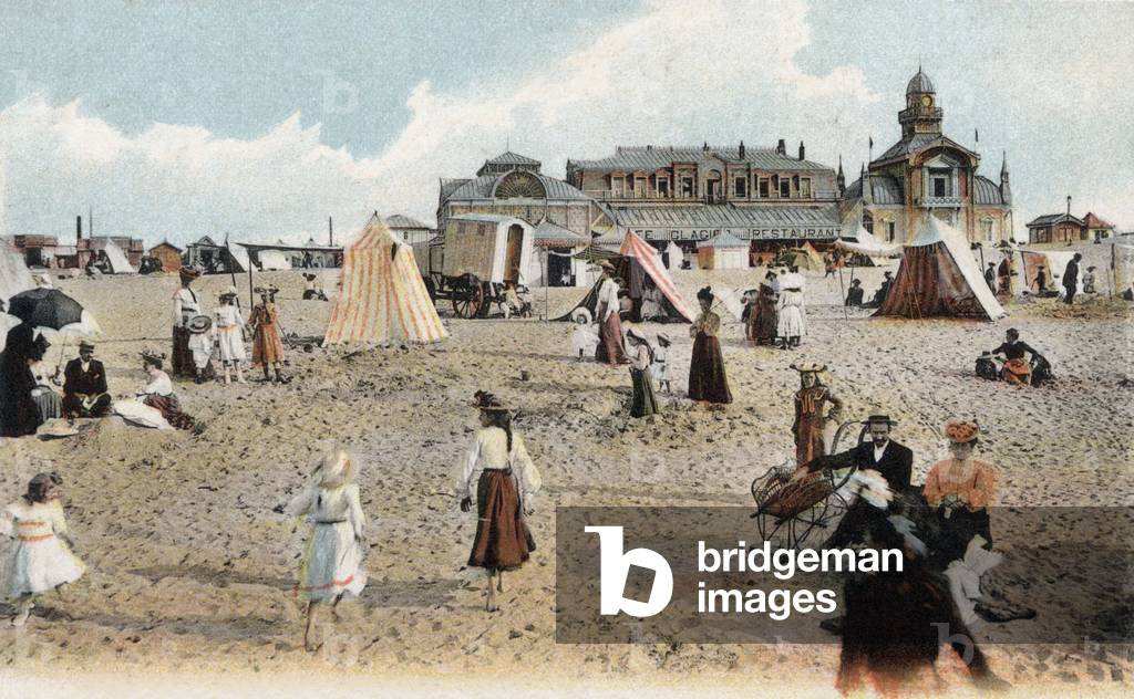 Calais, France: the casino and the beach, with tents postcard, c. 1900