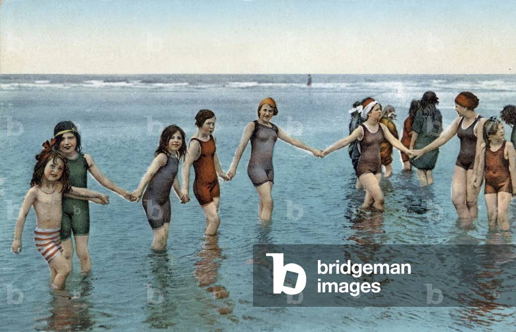 At the sea, children entertaining in water, postcard, c. 1915