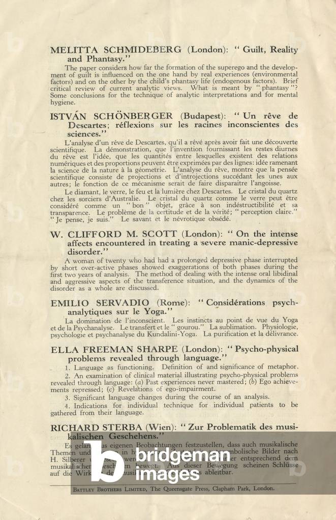 Program of 15th Congress of psychoanalysis in Paris in 1938