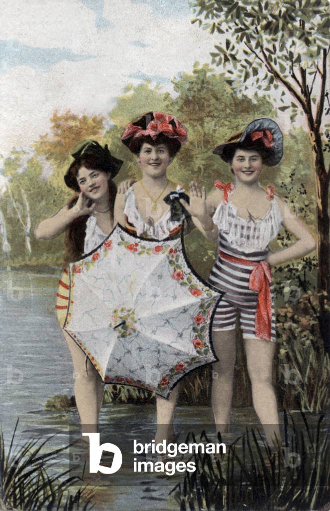 Postcard three young girls feet in water in swimsuit