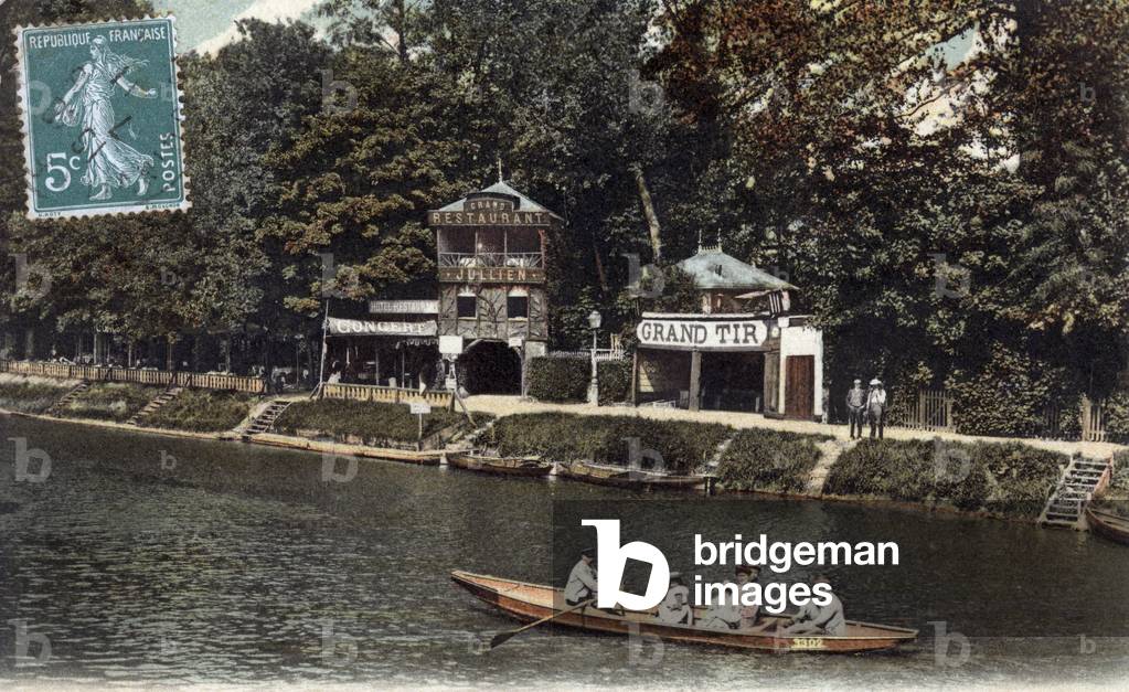 Joinville Le Pont, France: restaurant on the island of Fanac, Marne river, postcard, 1911
