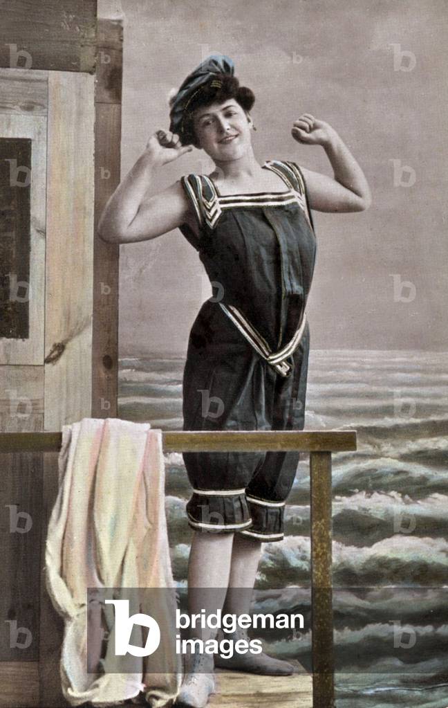 A bather with bathing suit, c. 1910, postcard
