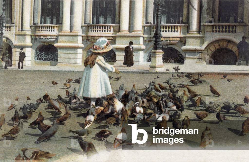 Monte Carlo: young girl feeding pigeons, postcard, 1918