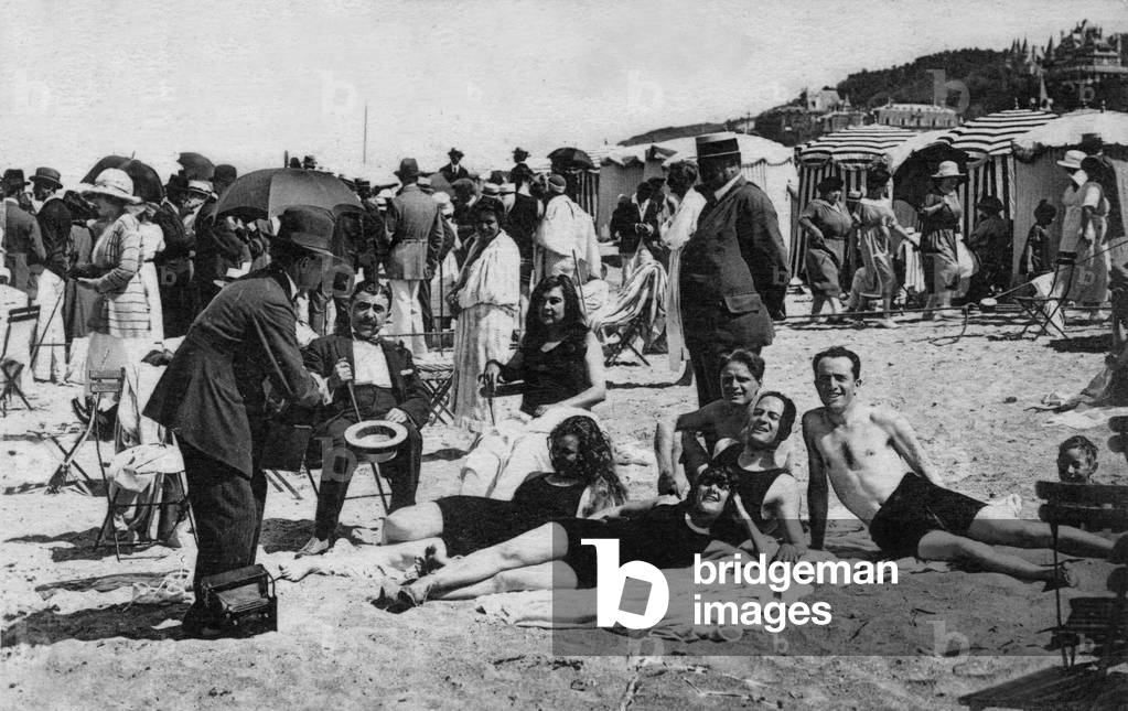 Trouville, Normandy, France: sunbathing on the beach, postcard, 1935
