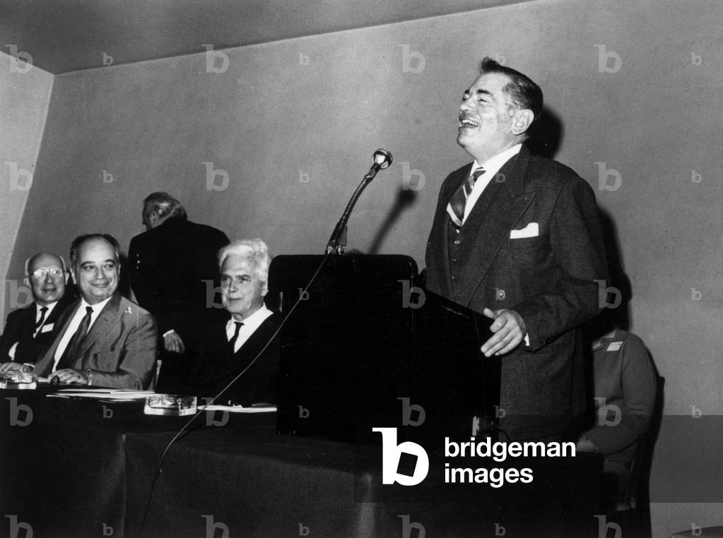 Congress pf psychoanalysts: l-r: Van der Leeuw, Rene Diatkine, Raymond de Saussure, Sacha Nacht (micro) c. 1968