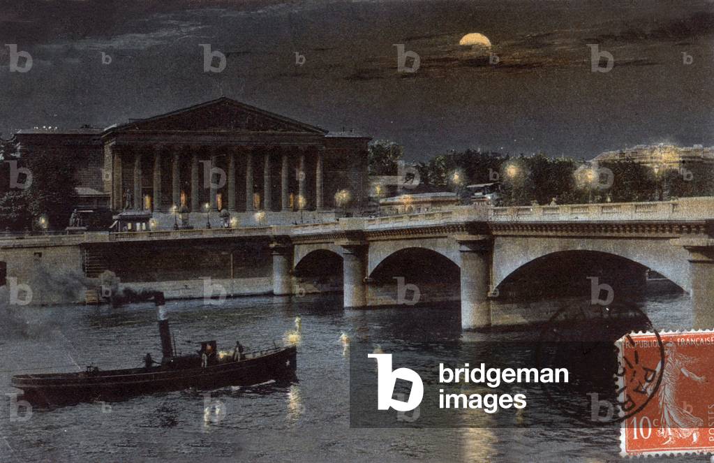 Paris by night: Concorde bridge and the French National Assembly, postcard, 1907