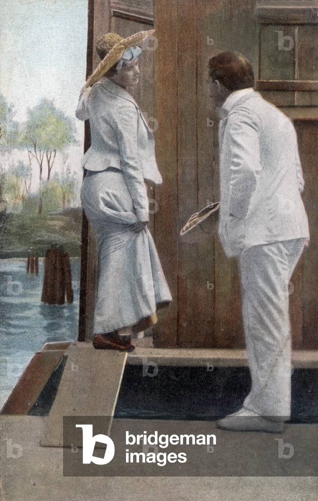 a young girl changes her clothes before going swimming, Postcard, c. 1910