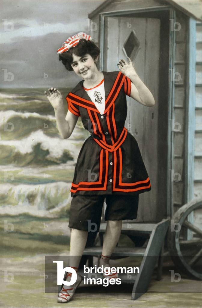 A woman wearing swimsuit, postcard, c. 1908