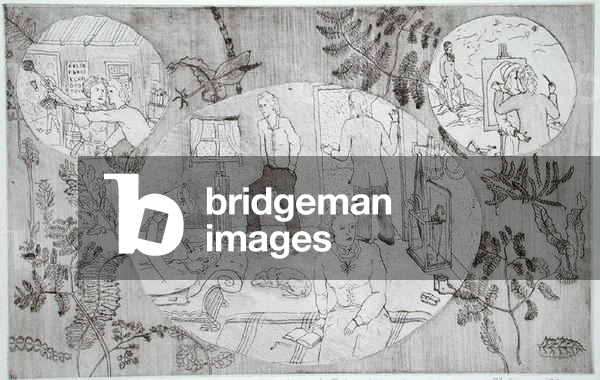 Rain, shuttlecocks and stolen kisses, 1972 (etching)
