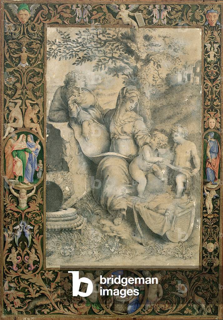 Border of an Illuminated Manuscript surrounding a drawing after Raphael's The Holy family under the Oak (attributed to Clovio), (pencil on paper)