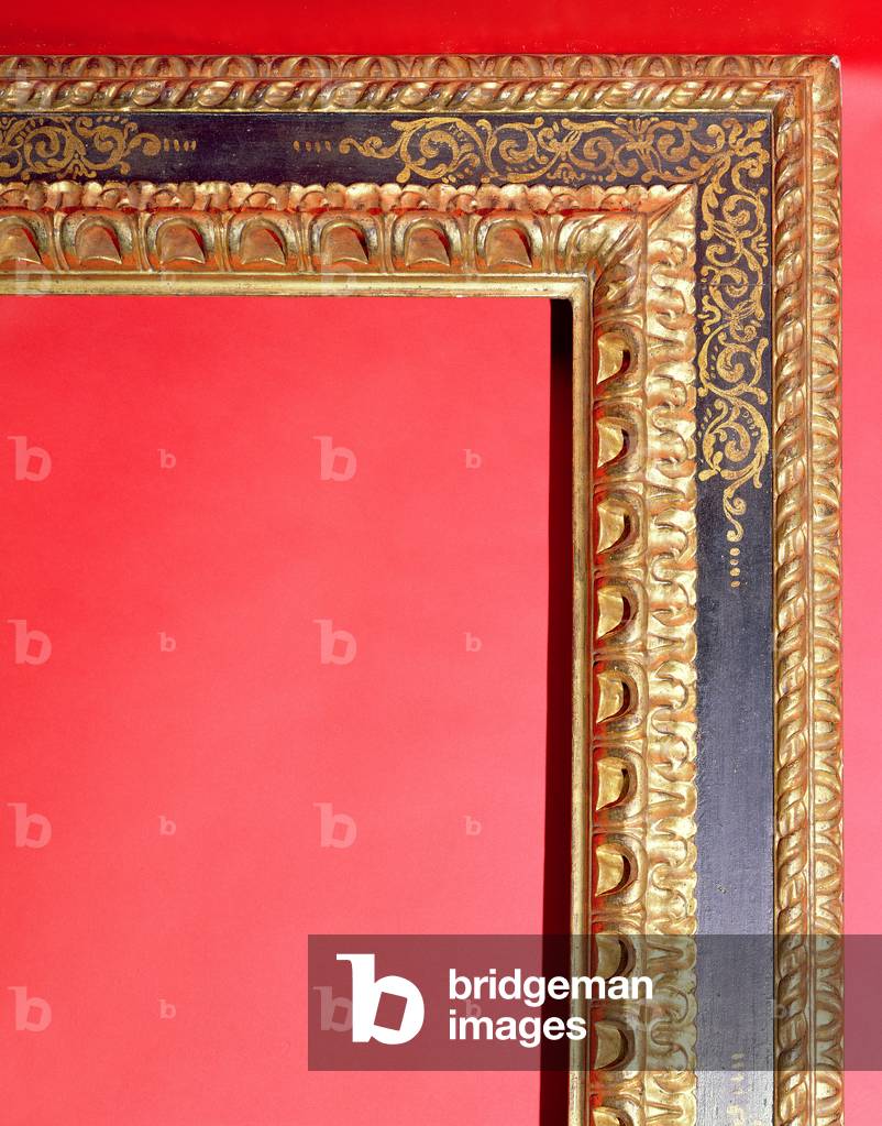 Venetian 17th century carved and gilded frame with a black painted centre and ornate gilt floral painted centres and corners (detail)