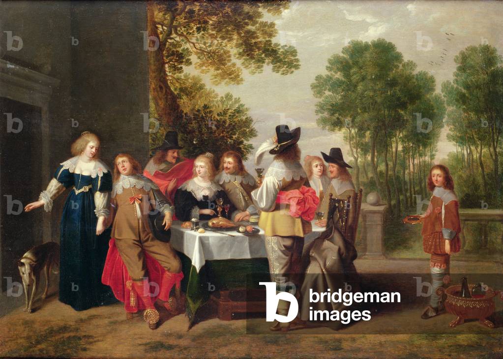 "Elegante azienda seduta ad un tavolo in un giardino formale (olio su pannello marouflaged)", 17th Secolo di C