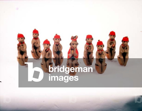 Set of nine Steiff skittles in the form of brown felt monkeys