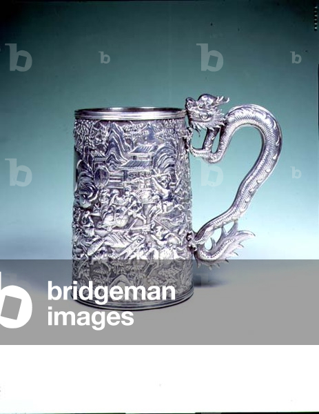 Chinese export presentation mug made by Leeching (fl.1850s) with embossed decoration of a battle scene, the handle in the form of a dragon, 19th century (silver) (detail of 93403)