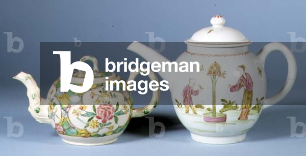 Staffordshire salt-glazed teapot and cover; Lowestoft teapot and cover with chinoiserie figures, pattern probably from 1770-75; Staffordshire salt-glazed teapot and cover; Lowestoft teapot and saucer with two chinoiserie figures, pattern probably from 1770-75