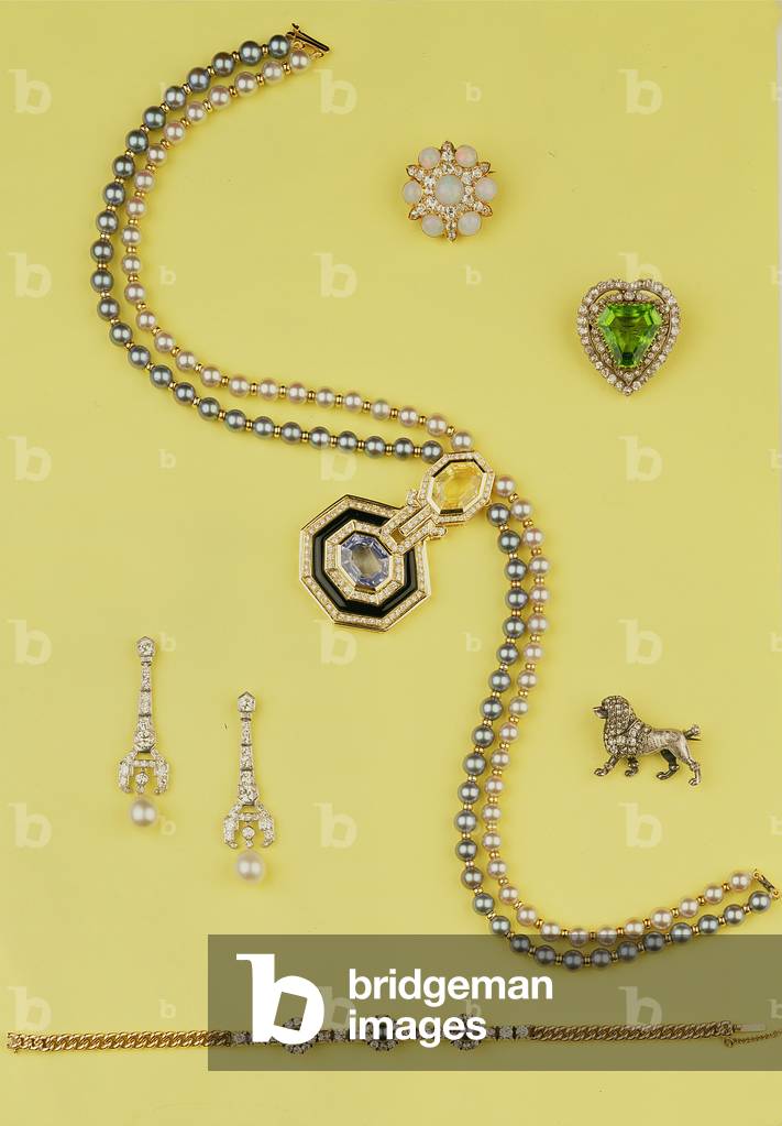 Selection of jewellery: Art Deco style cultured pearl necklace with yellow and blue sapphires; diamond and pearl pendant earrings; opal and rose diamond cluster star brooch; rose diamond poodle brooch