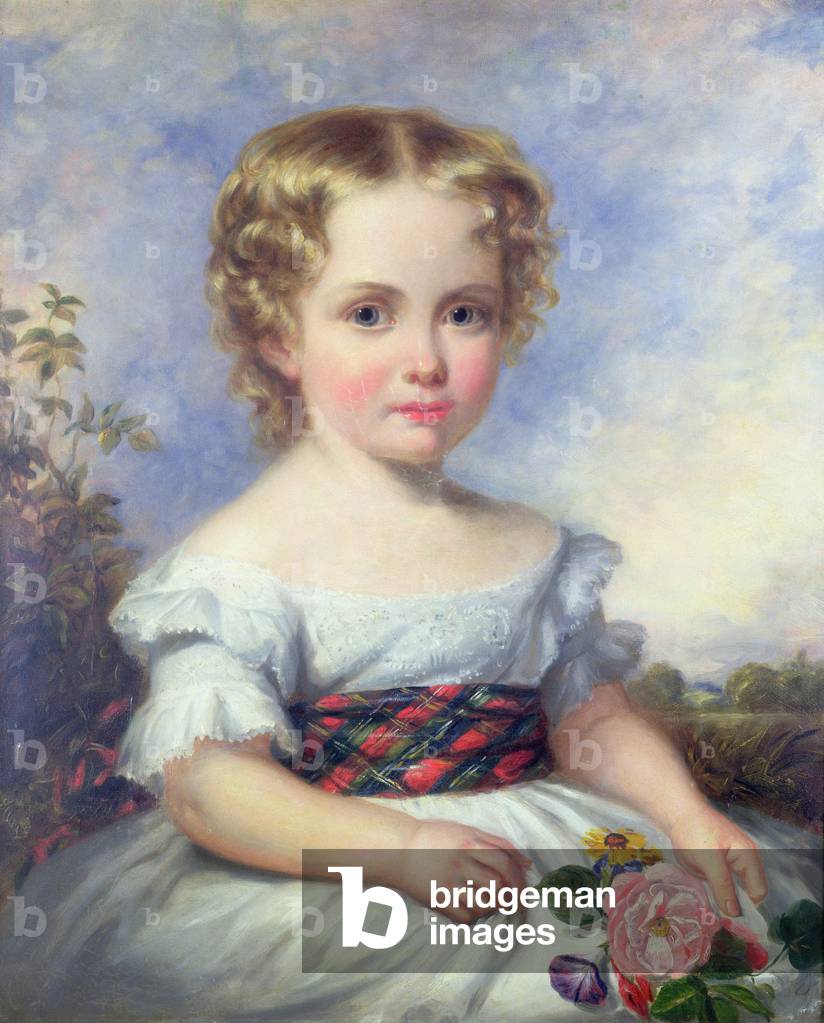 Immagine di Dipinto "Ritratto di giovane ragazza con una fascia in tartan", 19th Secolo di Margaret Carpenter
