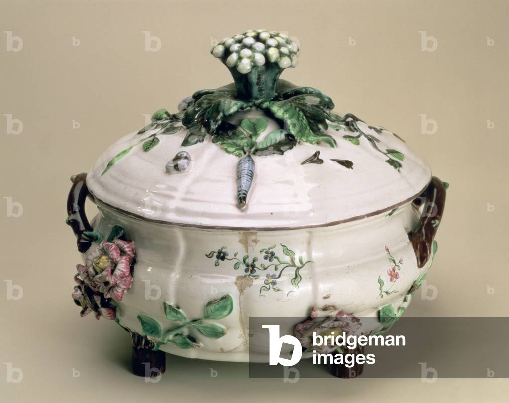 Covered tureen, decorated with applied ornament of flowers and vegetables, by Johan Ludwig Eberhard Ehrenreich (1722-1803), Marieberg, late 18th century (earthenware)