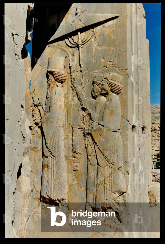 Xerxes (c.519-465 BC) and his attendants entering or leaving the palace, relief from the Hadish (Xerxes' private palace), c.480-70 BC (stone)