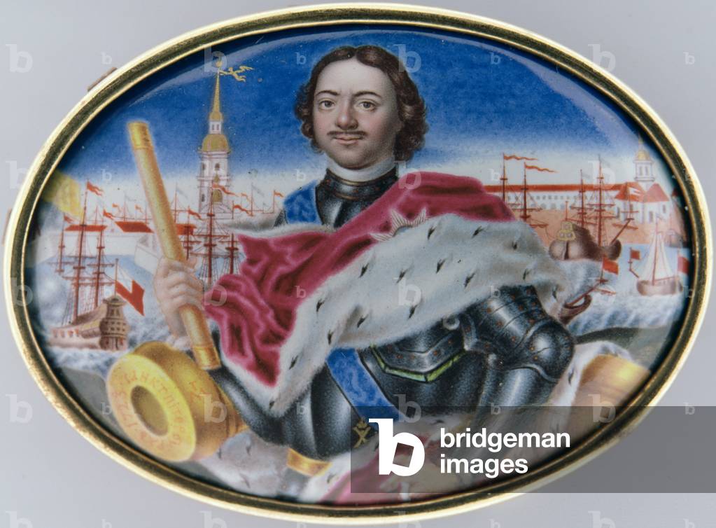 Portrait of Peter I (1672-1725) against the St. Peter and St. Paul Fortress and Trinity Square in St. Petersburg, 1723 (enamel on gold) (see 126084)