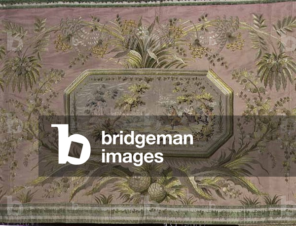 Sofa upholstery with a hunting scene in a medallion, French, c.1780 (silk, silk thread)