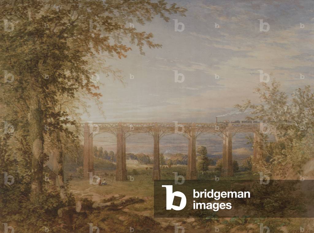 A Brick and Timber Railway Viaduct with Steam Train, 1849 (w/c on paper) (pair to 3247622)