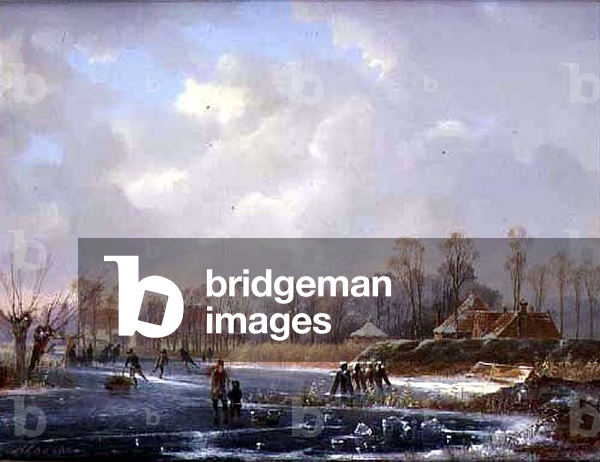 Landscape with Figures on a Frozen River (oil on canvas)