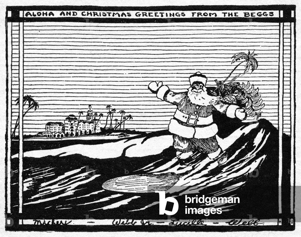 Christmas card with surfing Santa (litho)
