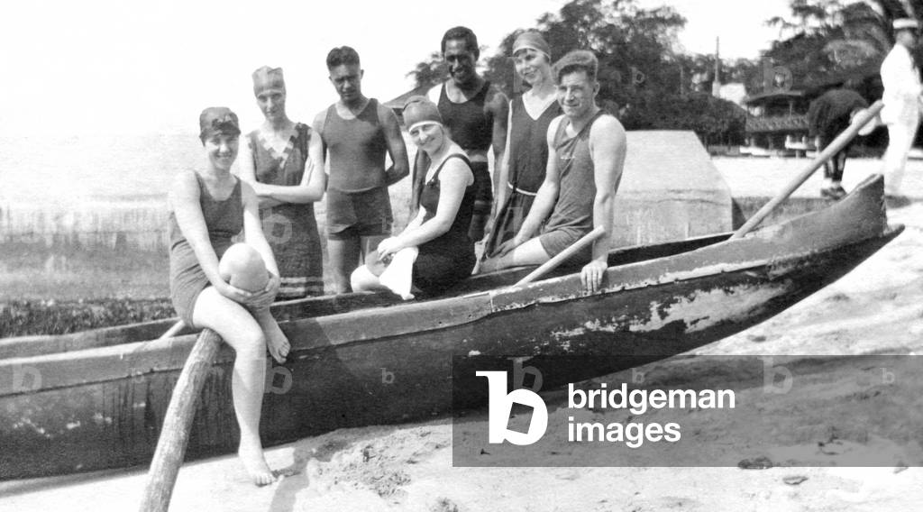 Duke Kahanamoku and friends, 1910 (b/w photo)