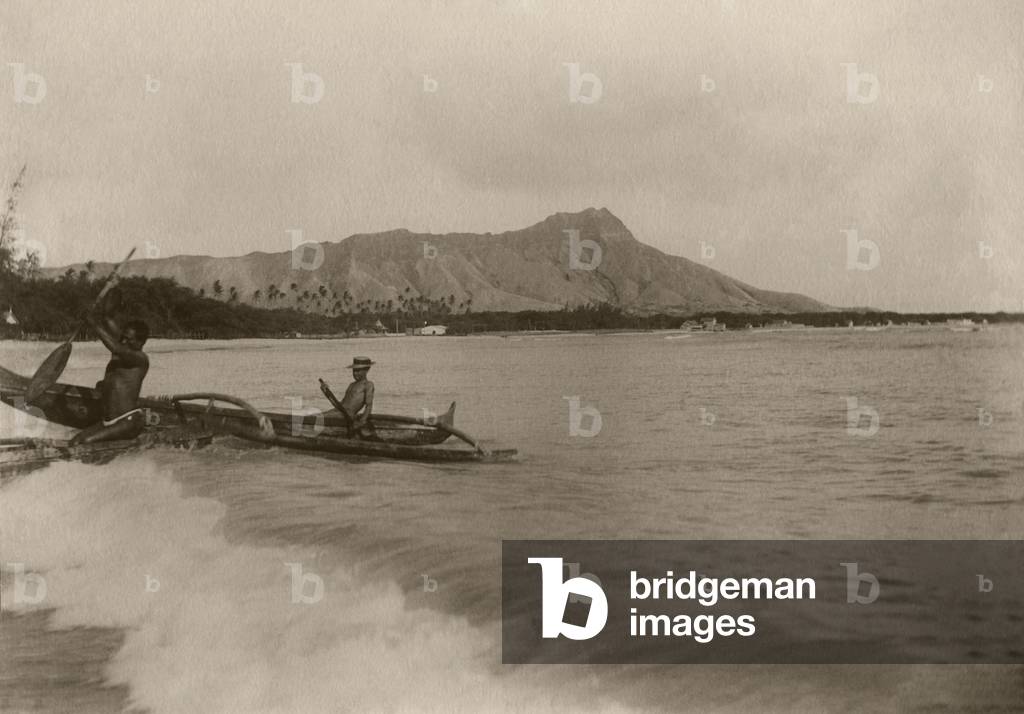 Native Hawaiian canoe surfers at Diamond Head, c.1890s (albumen print)