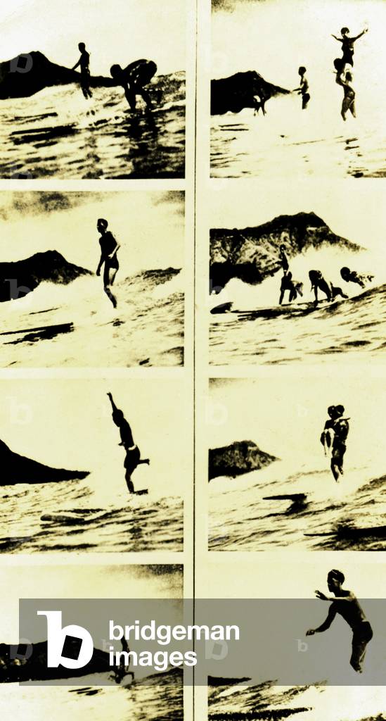Collage of surfers in Hawaii (b/w photo)