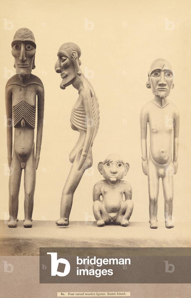 Four carved wooden figures, Easter Island (sepia photo)