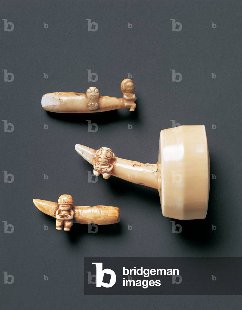 T and c: Ha'akai, ear ornament, Marquesas Islands, early 19th century (whale ivory); b: ear ornament, Marquesas islands, early 19th century (possibly pig tusk)