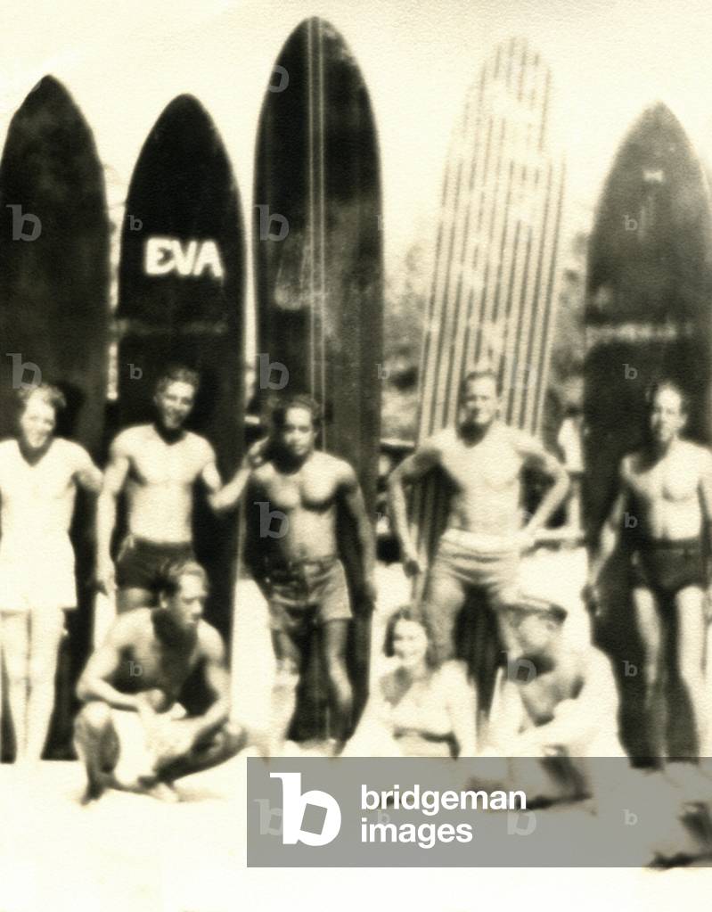 Surfers at Waikiki Beach, c.1920s (b/w photo)