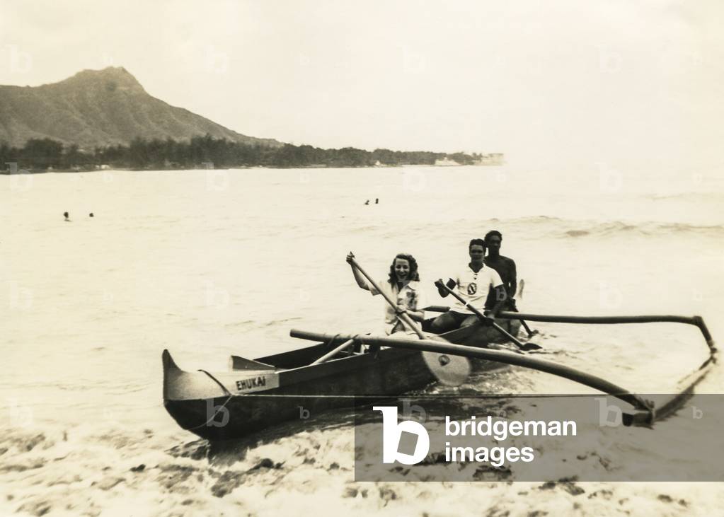 The Ehukai outrigger canoe, c.1920s (b/w photo)