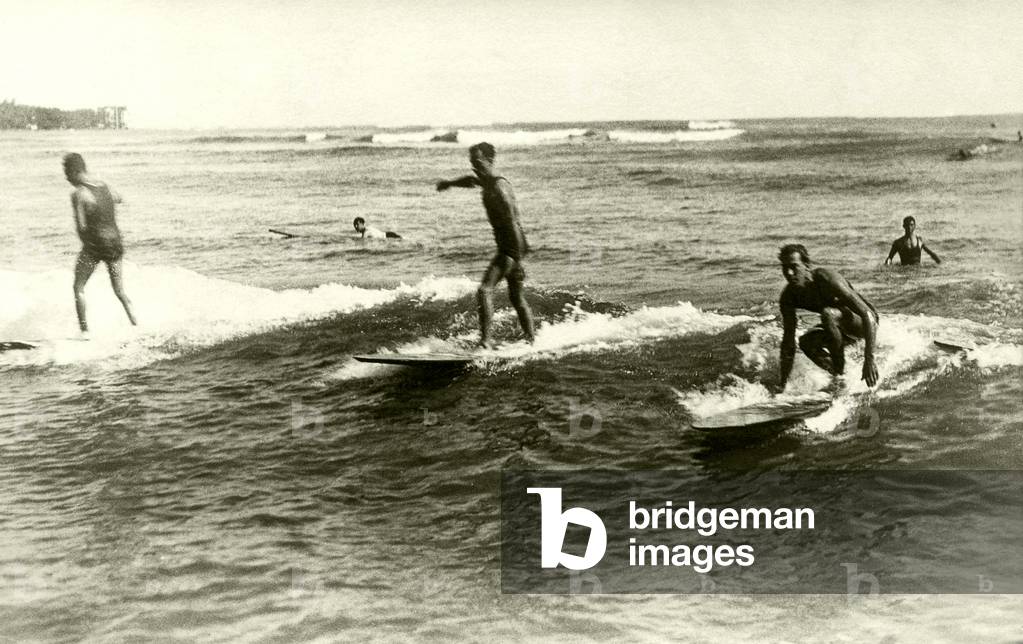 Surfers at Waikiki Beach, June 1925 (b/w photo)