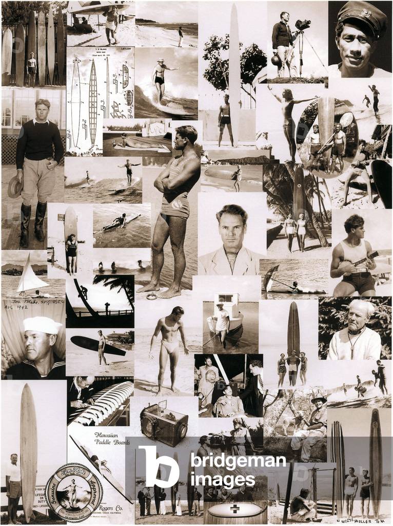 A collage of surfer Tom Blake's life (b/w photo)
