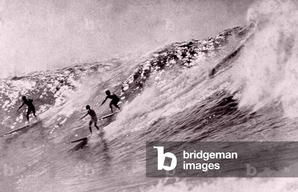 Surfers at Waikiki Beach, c.1930s (b/w photo)
