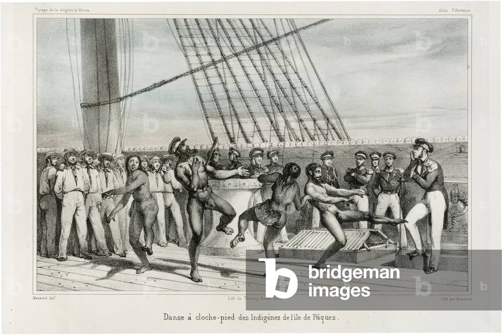 One-legged dancer of natives of Easter Island, Rapa Nui, 1841 (lithograph)
